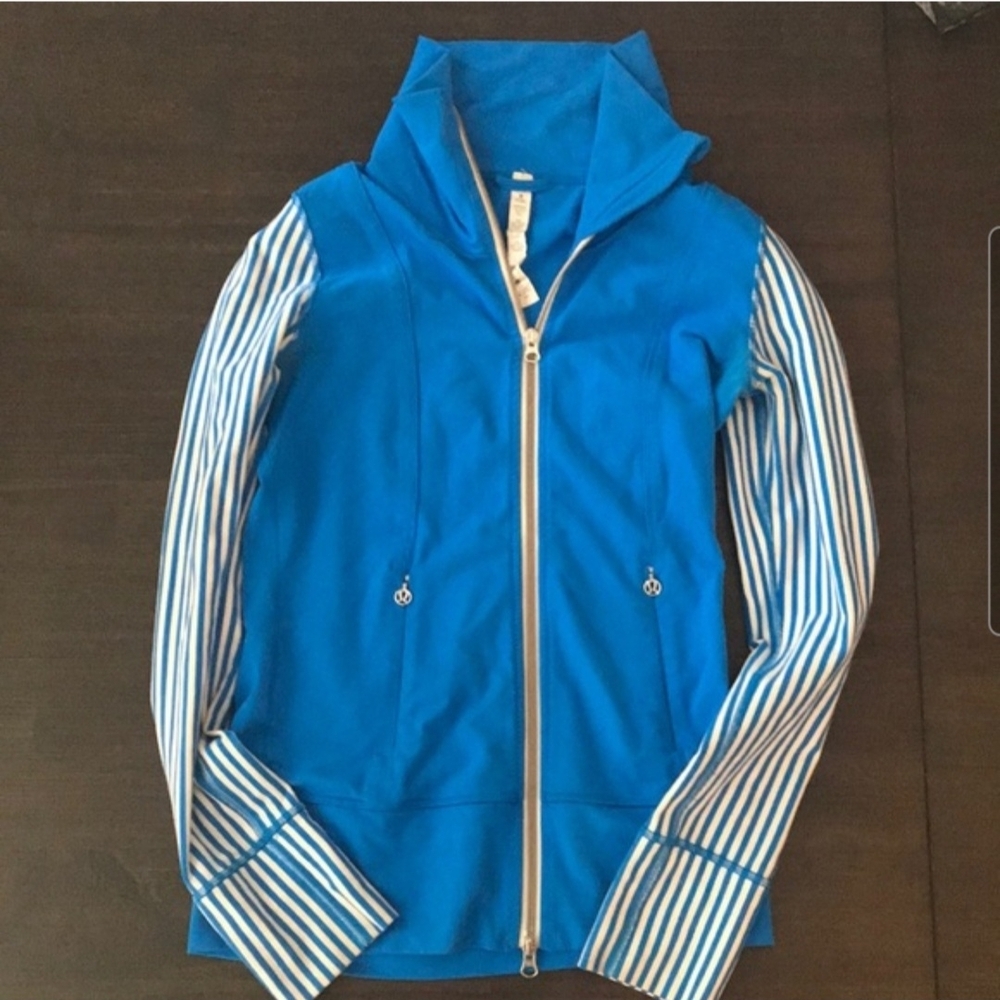 Lululemon Athletica Blue Zipup Jacket with Striped Sleeves